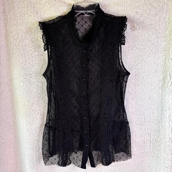 Black Lace Blouse Buttonup Vamp Goth Y2K 2000's No tags - Picture 1 of 8